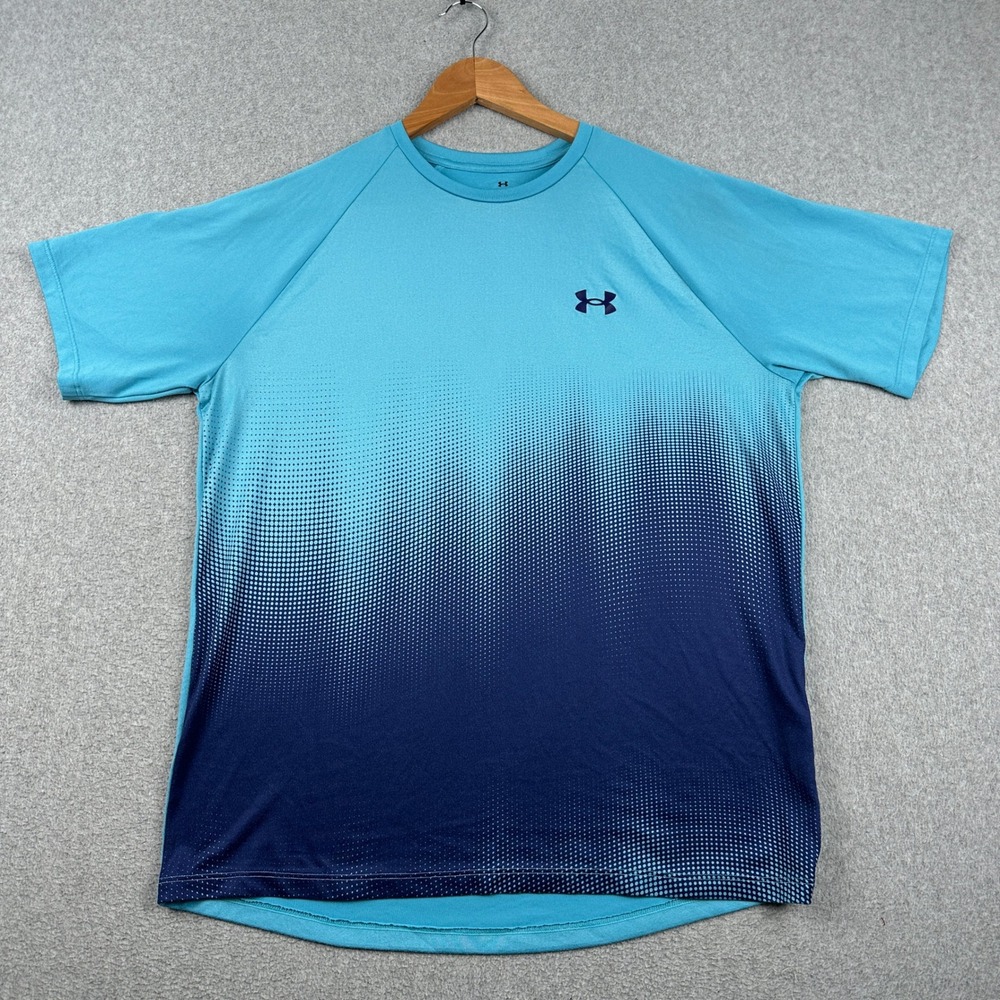 Under Armour T-Shirt Mens Medium Loose Fit Teal Blue Ombre Gradient Dot Logo